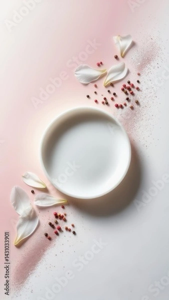 Fototapeta Porcelain disc with white petals pink pepper and mica powder on soft gradient background with copy space for perfume skincare or wellness branding