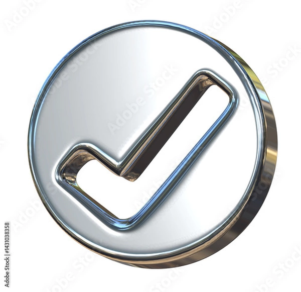 Fototapeta Silver Check Mark Icon 3d Approved Tick Success Choice Quality Ok Confirm Button Isolated.