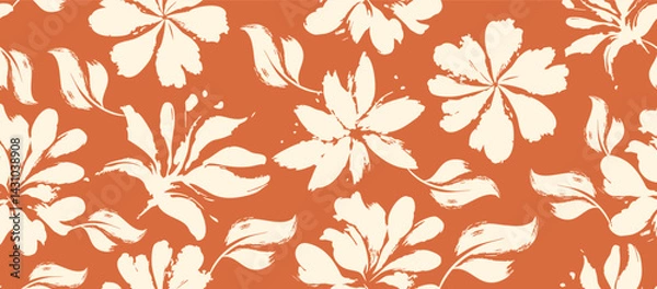 Obraz Seamless floral vector pattern with cream flower silhouettes on warm terracotta background for packaging and textile