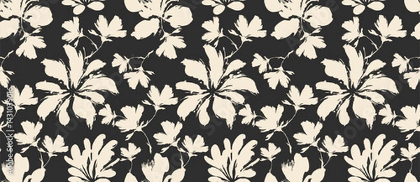 Fototapeta Cream floral vector silhouettes on black background in seamless repeat style for elegant pattern design