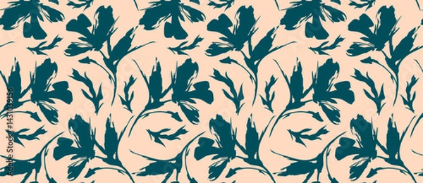 Obraz Botanical floral pattern in deep teal on peach background in seamless vector style for elegant natural background design