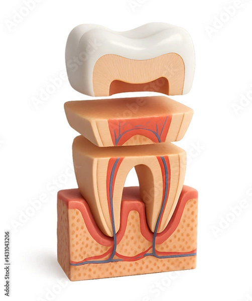 Obraz 3D Cross-Sectional Diagram of Human Tooth Anatomy Showing Enamel, Dentin, Pulp, and Root Structure. on Transparent Background
