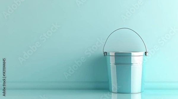 Fototapeta Bucket placed in diagonal angle with reflection on mint blue surface