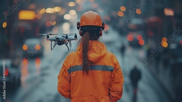 Obraz Woman in orange jacket operating drone in city.