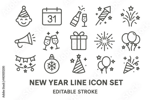 Fototapeta New Year celebration vector icon set featuring festive symbols and activities for the holiday season