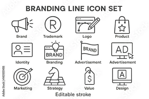 Fototapeta Branding line icon set featuring various symbols related to marketing and identity design