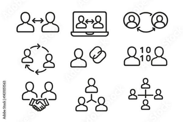 Fototapeta Vector icon set depicting various aspects of user interaction, communication, and collaboration in a digital workspace