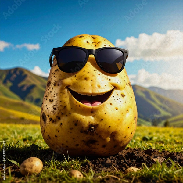 Obraz  oil painting style illustration A big happy potato, wearing big sunglasses, stands against in yellow background