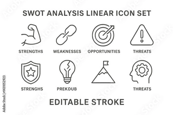Fototapeta Vector icon set illustrating SWOT analysis with strengths, weaknesses, opportunities, and threats represented