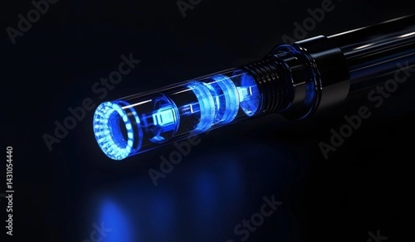 Fototapeta Fiber optic cable on a black background, close-up view with glowing blue light and a glass tube in the center of the composition. 