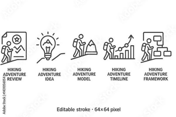 Fototapeta Explore diverse aspects of hiking adventures with this vector icon set showcasing reviews, ideas, models, and frameworks