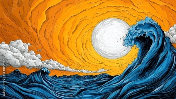 Obraz Pixel Art Ocean Wave at Sunset Vibrant Blue and Orange Hues