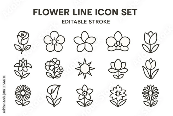 Fototapeta Creative flower line icon set showcasing various floral designs with editable stroke for versatile use in projects