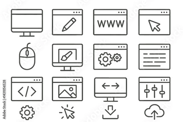 Fototapeta Vector icon set featuring computer-related symbols such as screens, cursors, tools, and web elements for digital design and development