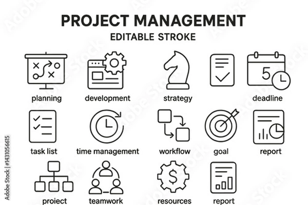 Fototapeta Vector icon set depicting project management concepts including planning, development, and teamwork in a clean, minimalistic design