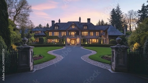 Obraz Luxury mansion with gated entrance and circular driveway and manicured landscaping. Upscale living and premium real estate concept. High-end property and investment homes in suburban neighborhoods.