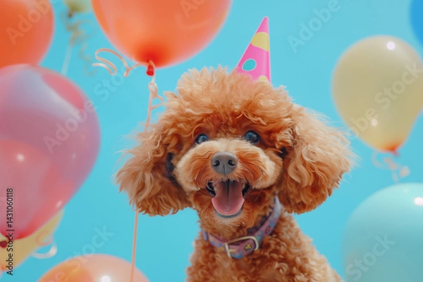 Obraz Funny happy small poodle dog with a festive party hat on a head and balloons in the background. Smiling puppy. Perfect for birthday greetings, celebration cards, and pet themed designs.