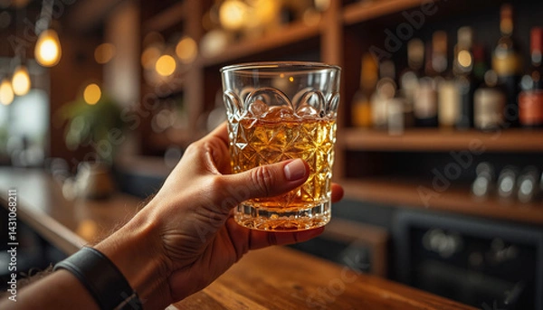 Obraz Person holding Balkan strong alcohol drink rakija in cozy bar with warm lighting
