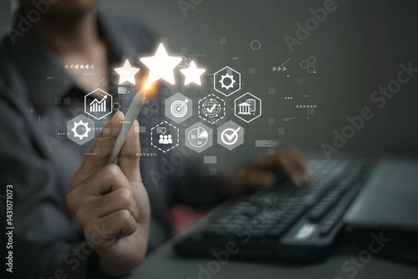 Obraz A person points a stylus at floating star icons with various digital elements, illustrating quality rating and performance evaluation.