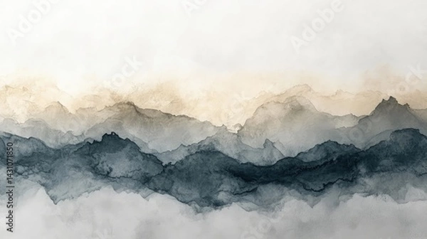 Fototapeta Abstract watercolor painting of mountains with fog in muted colors on white.