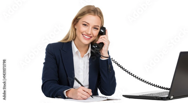 Fototapeta A businesswoman with a cheerful expression is on a call while working on a laptop.