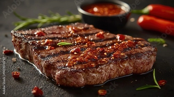 Fototapeta Succulent steak plated elegantly with spicy chili sauce enhancing the visual appeal of a gourmet dish