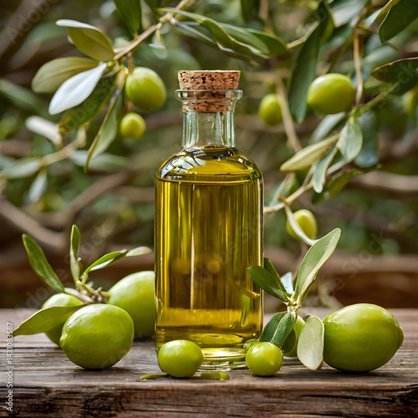 Fototapeta Olive oil in glass bottle, olives lying side by side on wooden table against olive branch background