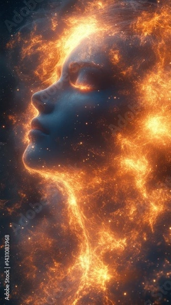 Fototapeta Celestial entity with fiery glow in cosmic background during a night sky event