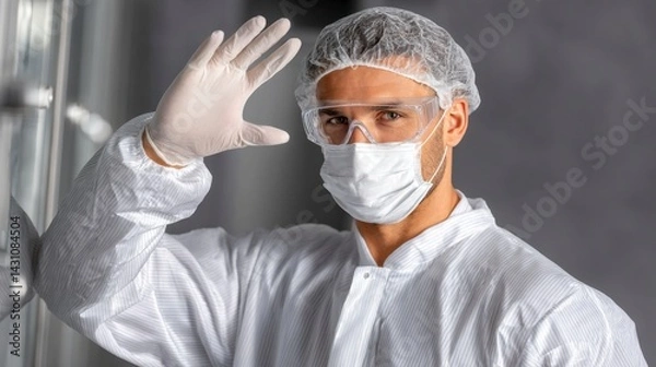 Fototapeta Portrait of a man in a sterile environment wearing a white protective suit, gloves, mask, and glasses. He is slightly squinting, shielding his eyes with his hand, possibly due to bright light.