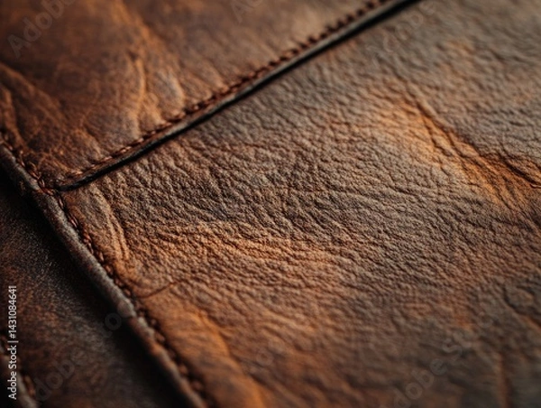 Fototapeta Close-up of brown leather texture with stitching detail showing wear and grain.