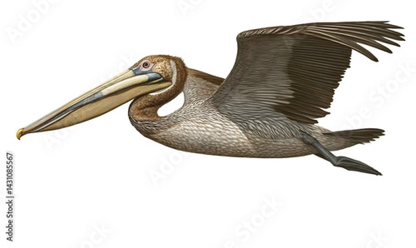 Fototapeta Brown pelican in flight.  A detailed illustration of a pelican soaring gracefully through the air