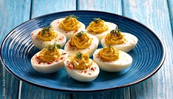Fototapeta deviled eggs on blue plate