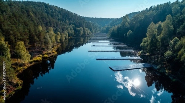 Fototapeta Floating solar panels on a calm lake surrounded by green forest under blue sky reflecting clouds