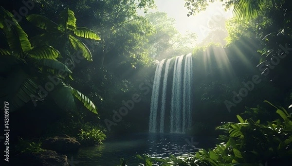 Fototapeta Beautiful waterfall in a tropical forest. The waterfall is flowing into a pool of water surrounded by lush greenery. 
