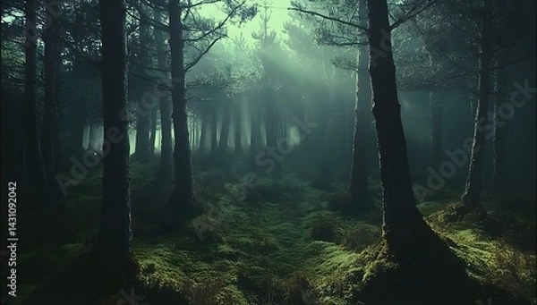 Fototapeta Photograph of a pine forest with tall trees, misty morning light, sunlight filtering through the fog, ground covered 
