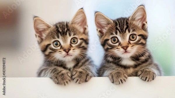 Fototapeta Cute kittens sit together on a ledge looking curiously at the viewer in a cozy indoor setting during daylight hours