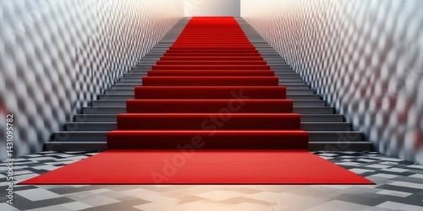 Fototapeta Red carpet leading up a set of elegant stairs in a modern venue during an upscale event