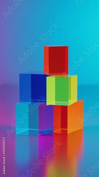 Fototapeta Colorful translucent cubes stacked on a reflective surface against a gradient blue background scene