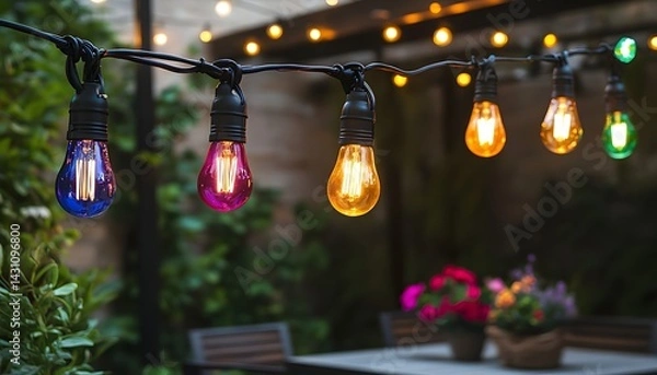 Fototapeta Colorful string lights hanging on black wire, outdoor light bulbs with colorful glass shades, colorful party lights,