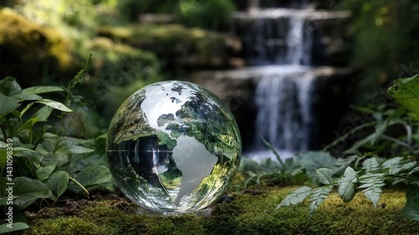 Obraz Crystal-clear globe placed on soil, surrounded by lush greenery, with a serene waterfall in the background, symbolizing environmental protection for World Wildlife Day.