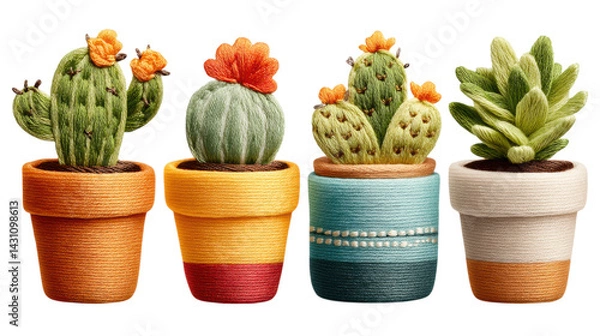 Obraz isolated transparent Background. Colorful embroidered cactus trio in decorative pots brings cheerful vibe to any space