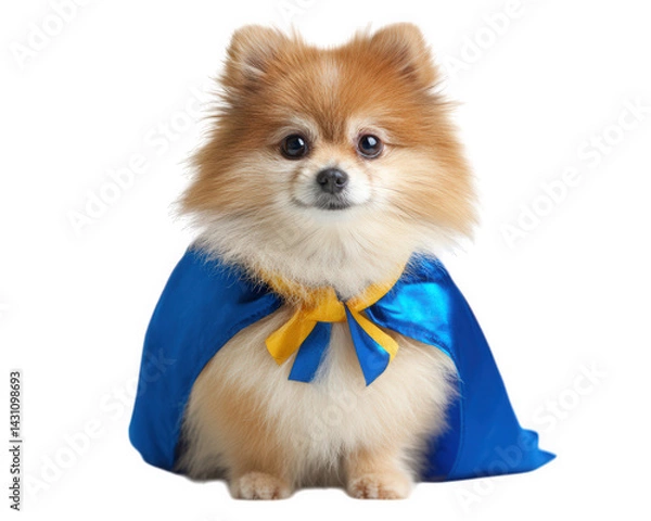 Obraz Pomeranian dog with fluffy coat and charming expression is wearing vibrant blue cape with yellow bow. This adorable pet exudes playful and whimsical vibe, perfect for capturing hearts