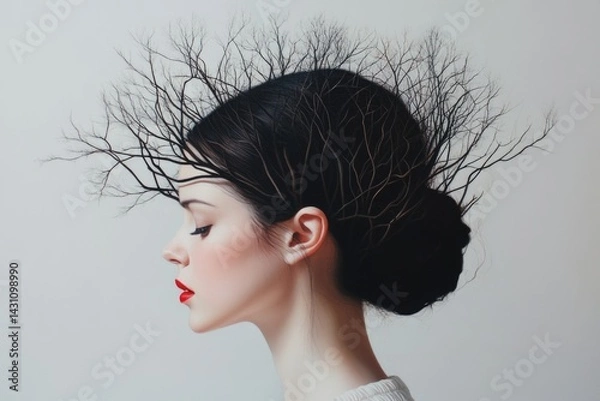 Fototapeta This striking image features a woman's profile where her hair transforms into delicate branches, symbolizing beauty intertwined with nature and the cycle of life.