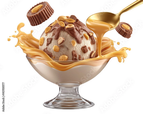 Obraz Indulge in delicious scoop of creamy ice cream topped with rich chocolate, crunchy peanuts, and drizzle of caramel sauce, creating delightful dessert experience