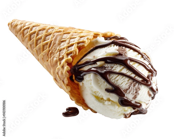 Obraz colorful scoop of ice cream in waffle cone drizzled with chocolate syrup creates delightful treat that evokes joy and indulgence