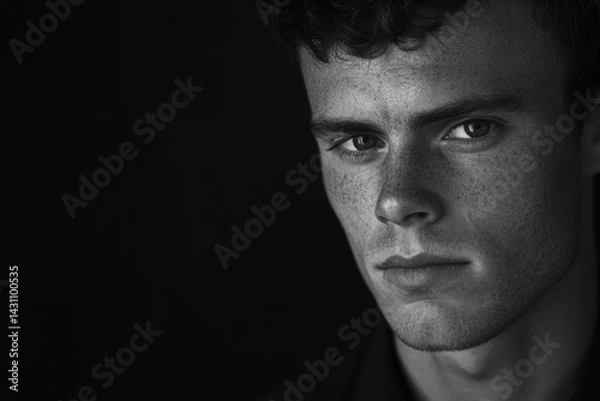 Obraz A striking black and white portrait showcasing a young man with captivating freckles and a serious expression, evoking deep emotions through contrast and light.