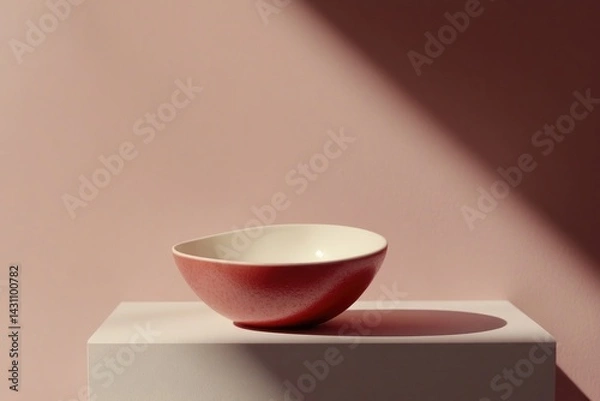 Fototapeta A minimalist image showcasing an elegant bowl against a softly illuminated pink wall, highlighting beautiful curves and shadows that evoke feelings of calm and simplicity.