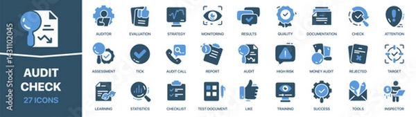 Obraz Audit and check colored signed icon collection. Evaluation, like, assessment, statistics, quality icons. UI icon set. Colored icons pack. Vector illustration