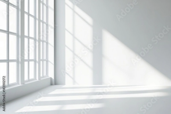 Fototapeta A beautifully lit interior showcasing soft shadows on a stark white wall, creating a calming atmosphere, ideal for minimalistic and modern design themes.