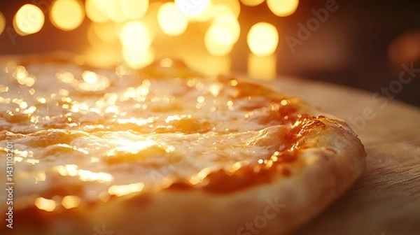Fototapeta Close-up of a delicious pizza with melted cheese on a wooden table, blurred background, warm colors, studio lighting